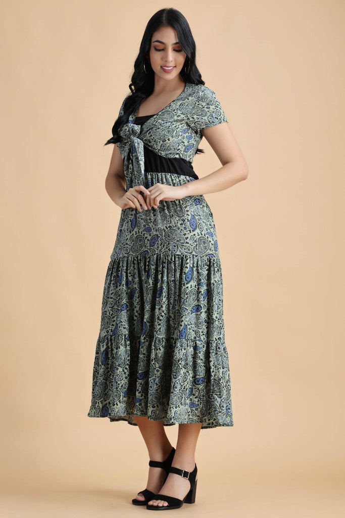 Model wearing Viscose Crepe Maxi Dress with Pattern type: Paisley-4