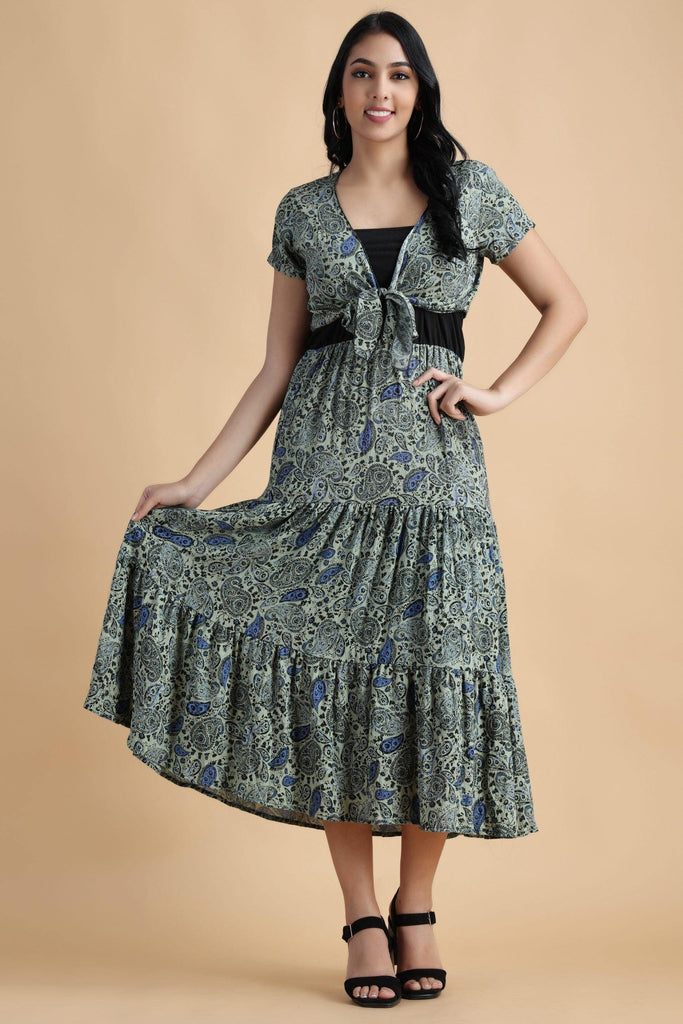 Model wearing Viscose Crepe Maxi Dress with Pattern type: Paisley-6