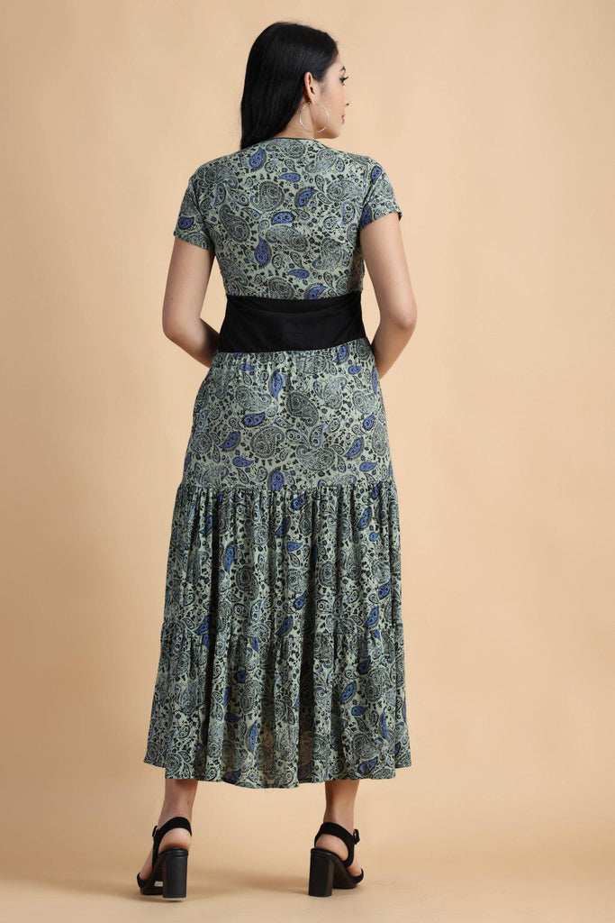 Model wearing Viscose Crepe Maxi Dress with Pattern type: Paisley-7