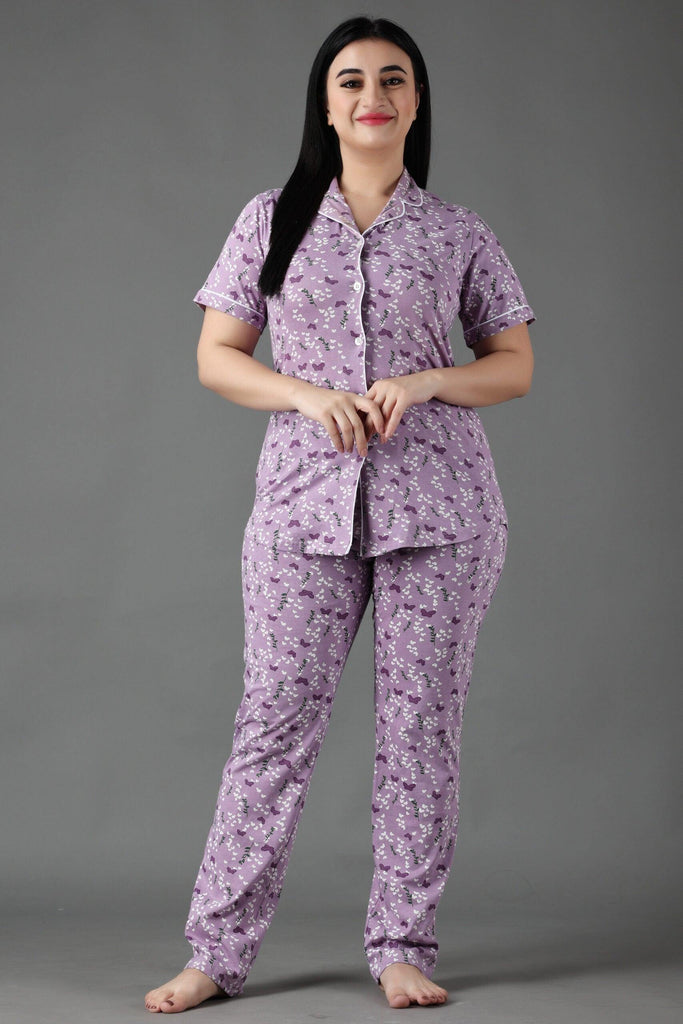 Model wearing Cotton Night Suit Set with Pattern type: Butterfly-3