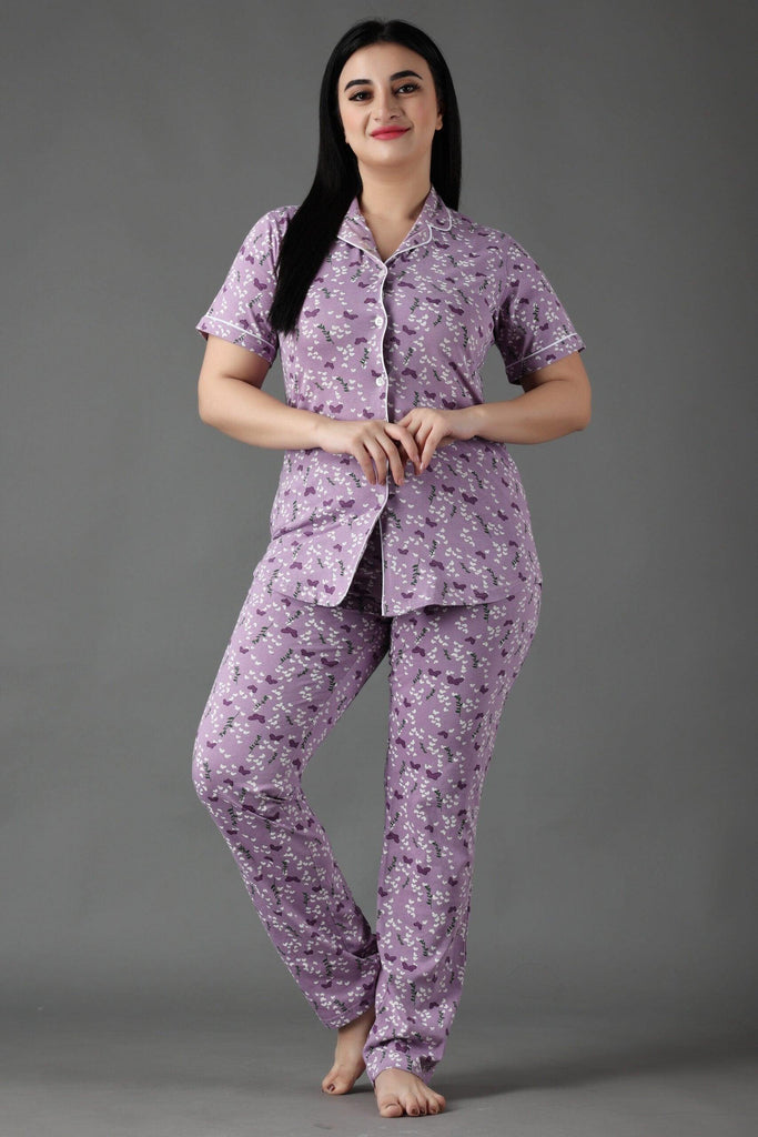 Model wearing Cotton Night Suit Set with Pattern type: Butterfly-4