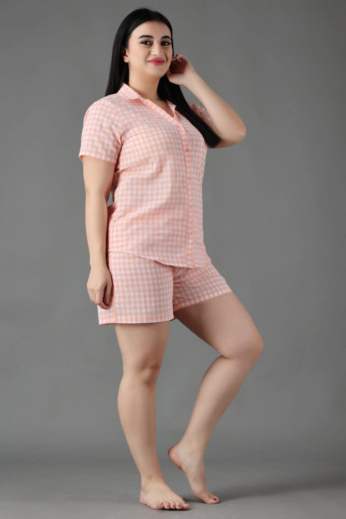 Model wearing Cotton Night Suit Set with Pattern type: Checked-1