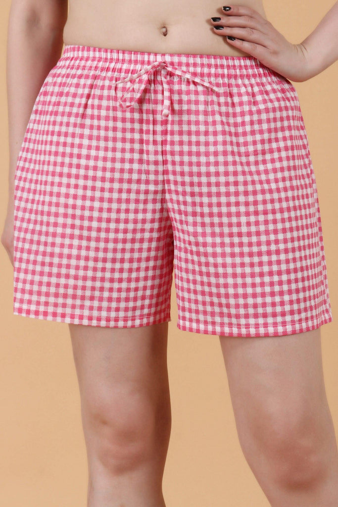 Model wearing Cotton Shorts with Pattern type: Checked-3