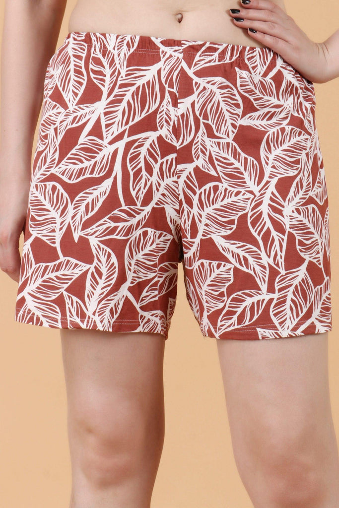 Model wearing Viscose Shorts with Pattern type: Leaf-1