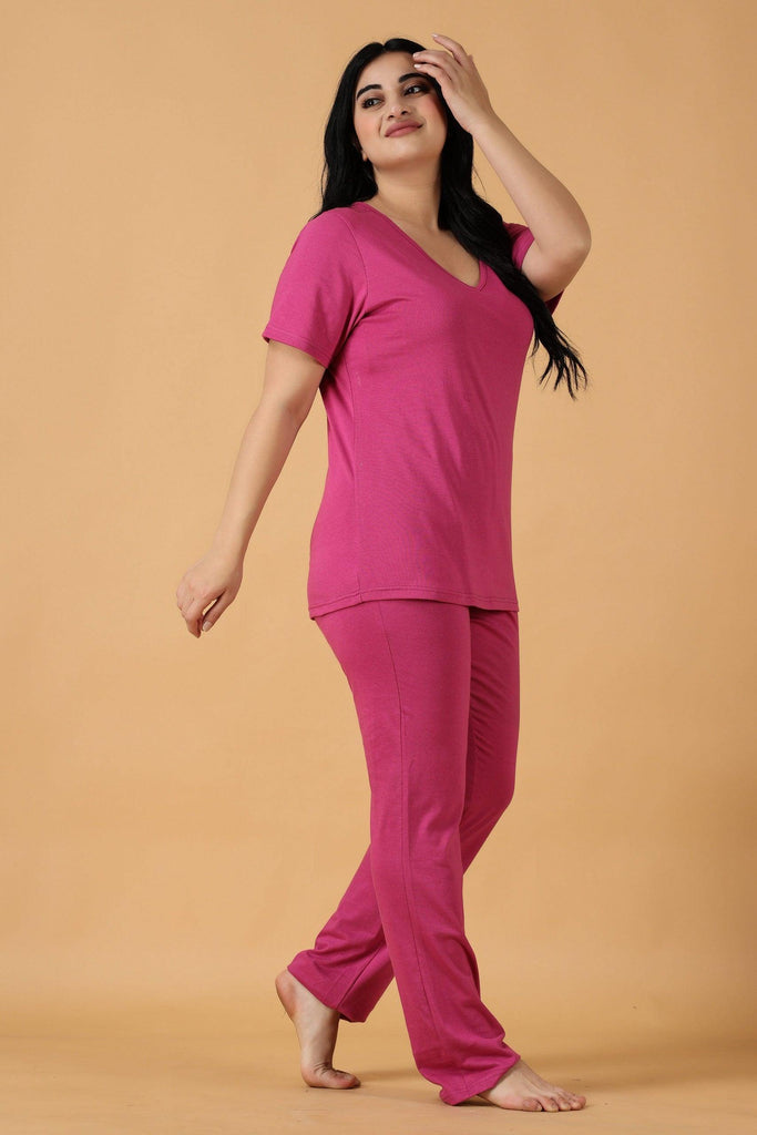 Model wearing Cotton Night Suit Set with Pattern type: Solid-6