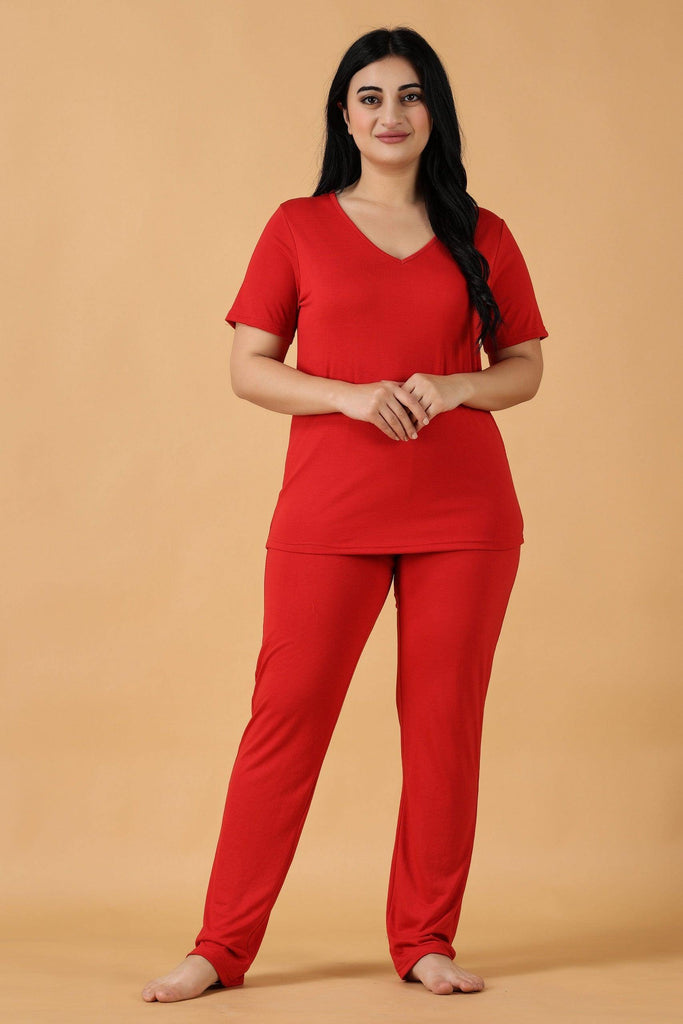Model wearing Cotton Night Suit Set with Pattern type: Solid-2