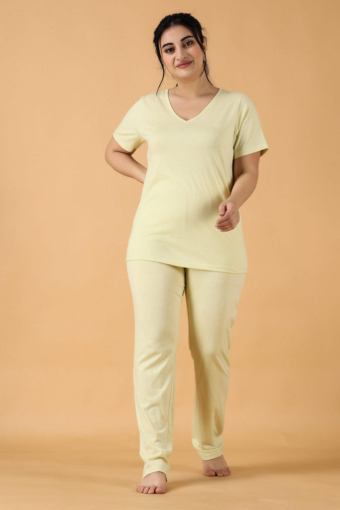 Model wearing Cotton Night Suit Set with Pattern type: Solid-3