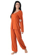 Cotton Solid Pyjama Night Suit Set with Long Sleeves-Orange