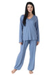 Cotton Solid Pyjama Night Suit Set with Long Sleeves-Steel Blue
