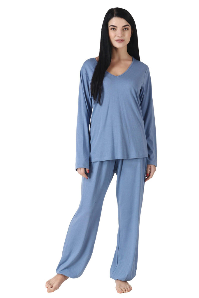 Model wearing Cotton Night Suit Set with Pattern type: Solid-1