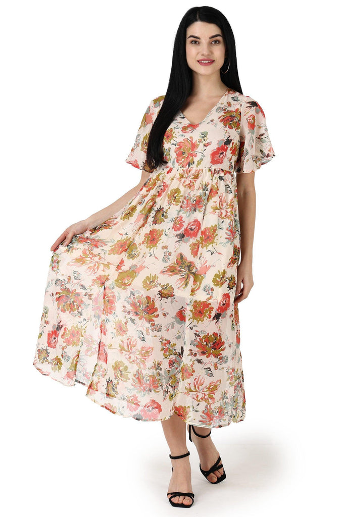 Model wearing Polyster Chiffon Maxi Dress with Pattern type: Floral-1