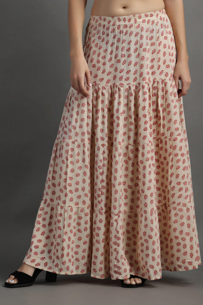 Model wearing Viscose Crepe Maxi Skirt with Pattern type: Floral-3