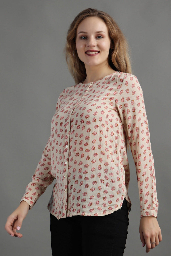 Model wearing Viscose Crepe Top with Pattern type: Floral-5