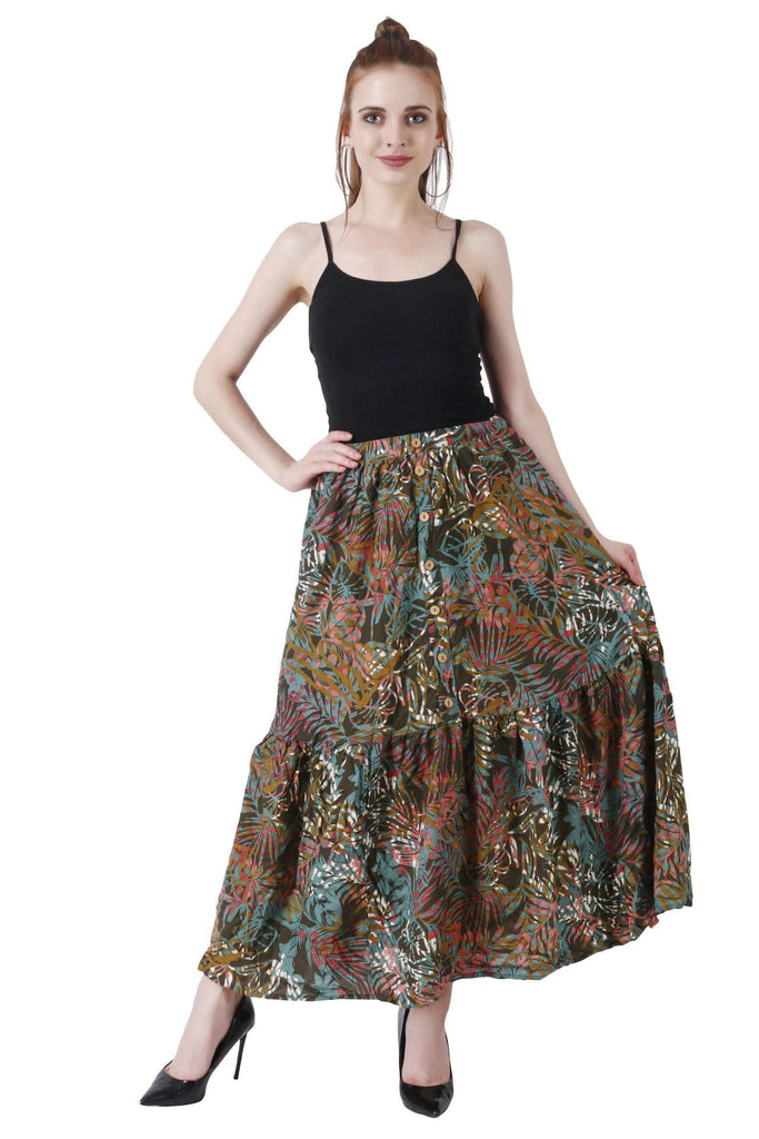 Model wearing Rayon Maxi Skirt with Pattern type: Floral-2