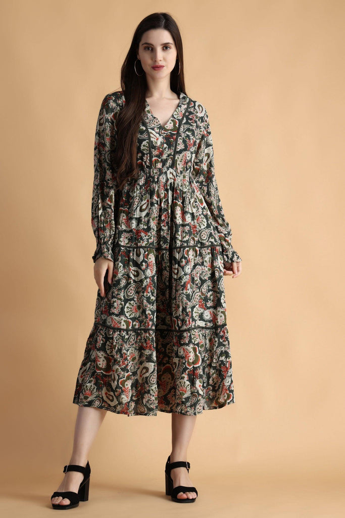 Model wearing Viscose Crepe Midi Dress with Pattern type: Floral-1