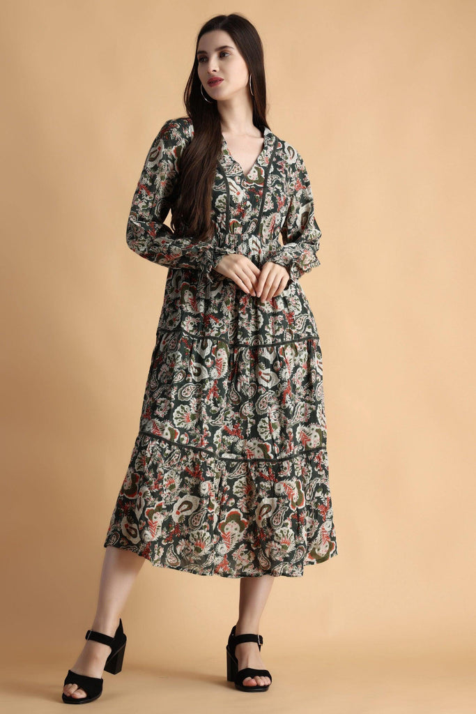 Model wearing Viscose Crepe Midi Dress with Pattern type: Floral-3