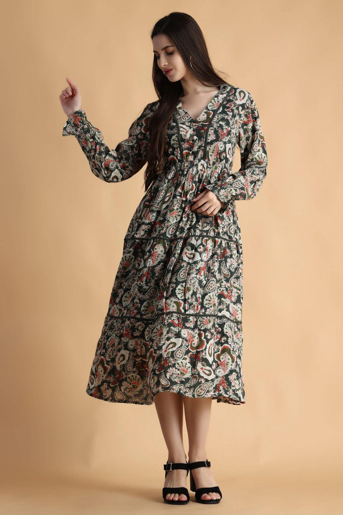 Model wearing Viscose Crepe Midi Dress with Pattern type: Floral-4