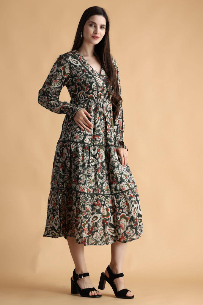 Model wearing Viscose Crepe Midi Dress with Pattern type: Floral-6