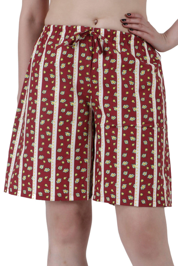 Model wearing Cotton Shorts with Pattern type: Leaf-1