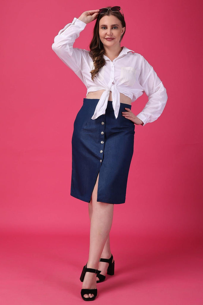 Model wearing Denim Midi Skirt with Pattern type: Solid-2