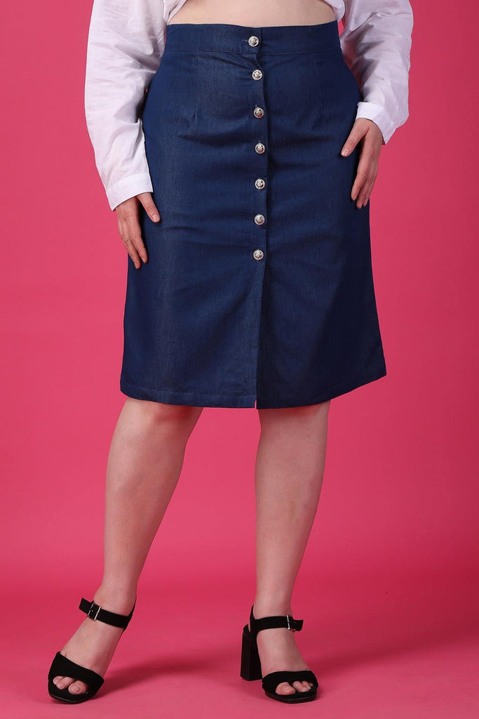 Model wearing Denim Midi Skirt with Pattern type: Solid-3
