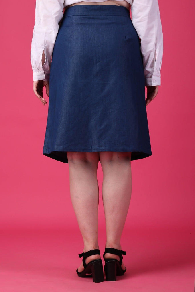 Model wearing Denim Midi Skirt with Pattern type: Solid-7