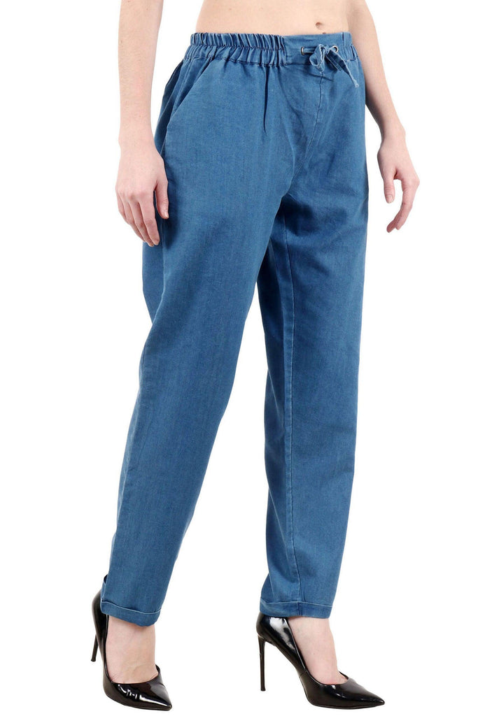 Model wearing Cotton Trousers with Pattern type: Solid-1