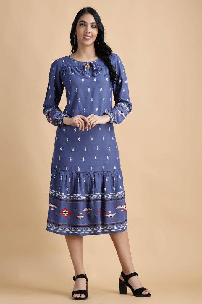 Model wearing Rayon Midi Dress with Pattern type: Ethnic-10