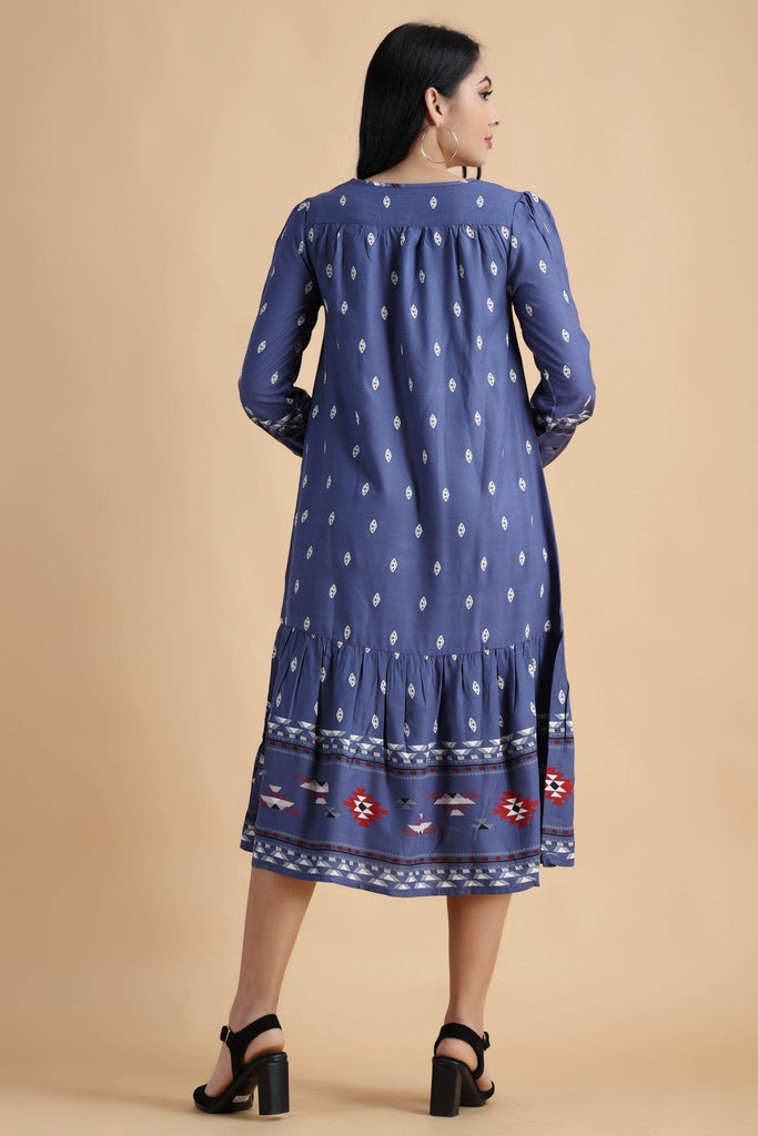 Model wearing Rayon Midi Dress with Pattern type: Ethnic-11