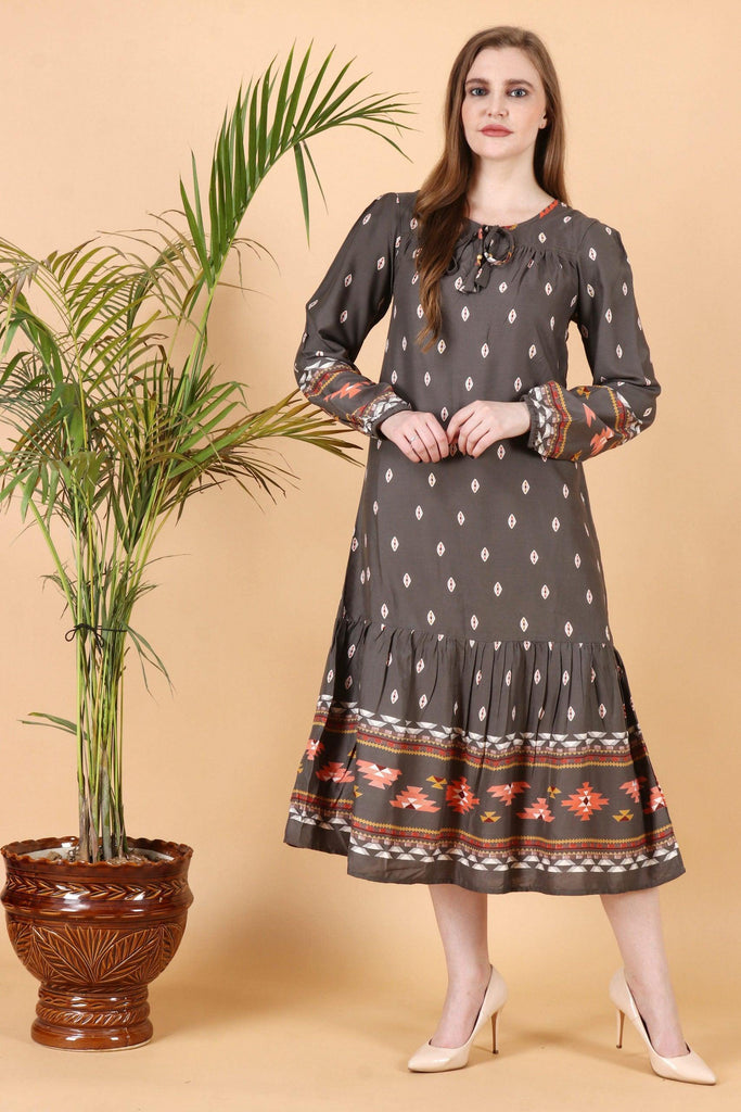 Model wearing Rayon Midi Dress with Pattern type: Ethnic-1