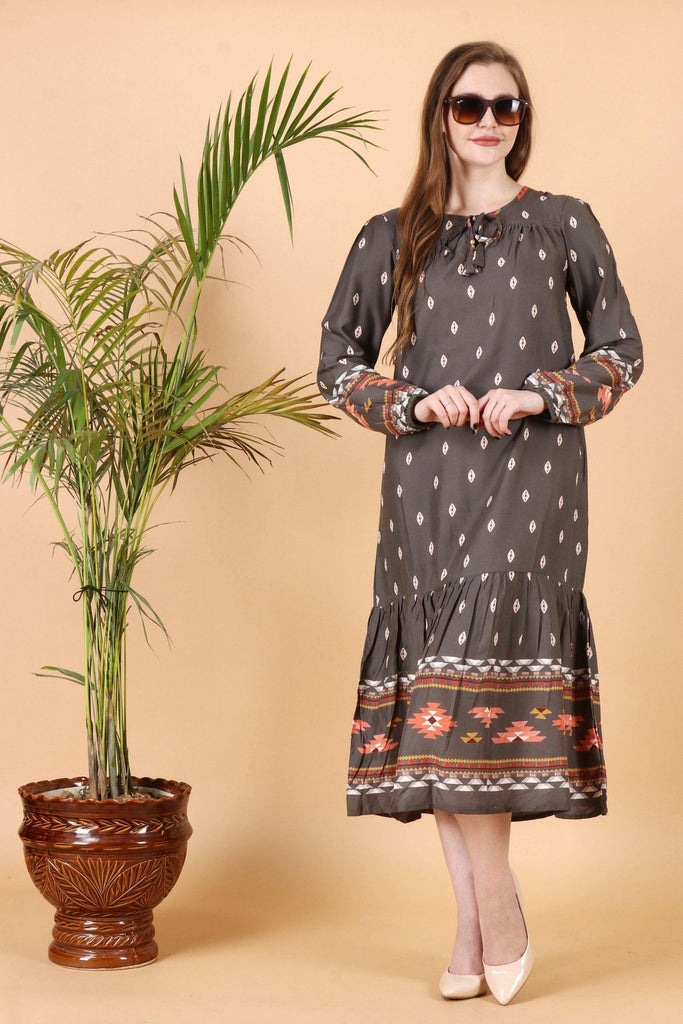 Model wearing Rayon Midi Dress with Pattern type: Ethnic-2