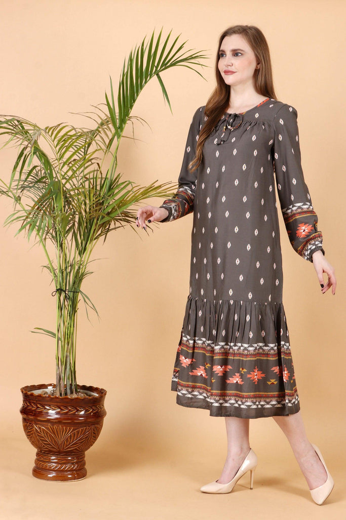 Model wearing Rayon Midi Dress with Pattern type: Ethnic-5