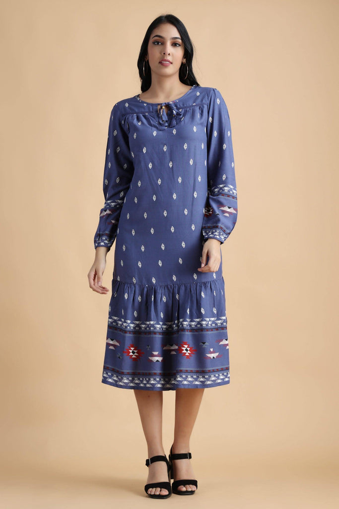 Model wearing Rayon Midi Dress with Pattern type: Ethnic-7