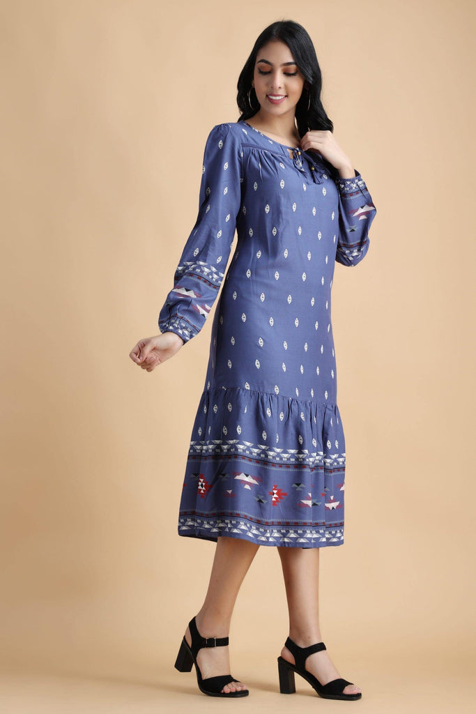 Model wearing Rayon Midi Dress with Pattern type: Ethnic-9