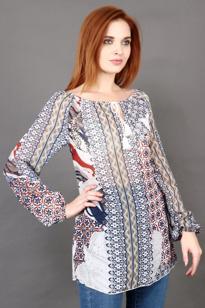 Model wearing Polyster Georgette Long Top with Pattern type: Ethnic-3