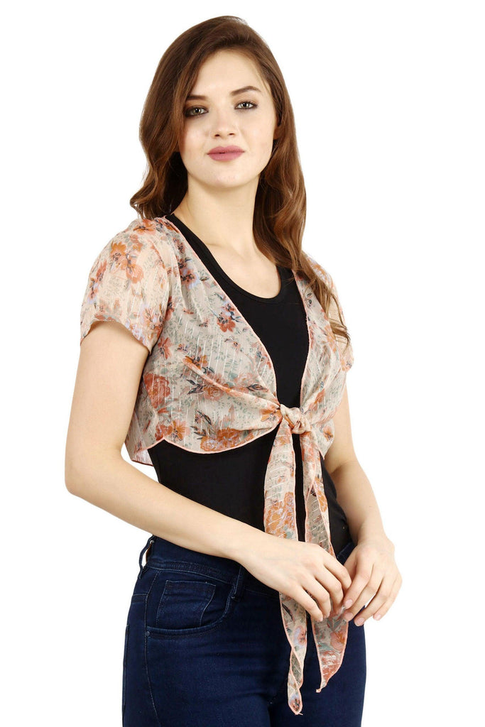 Model wearing Polyster Chiffon Shrug with Pattern type: Floral-4