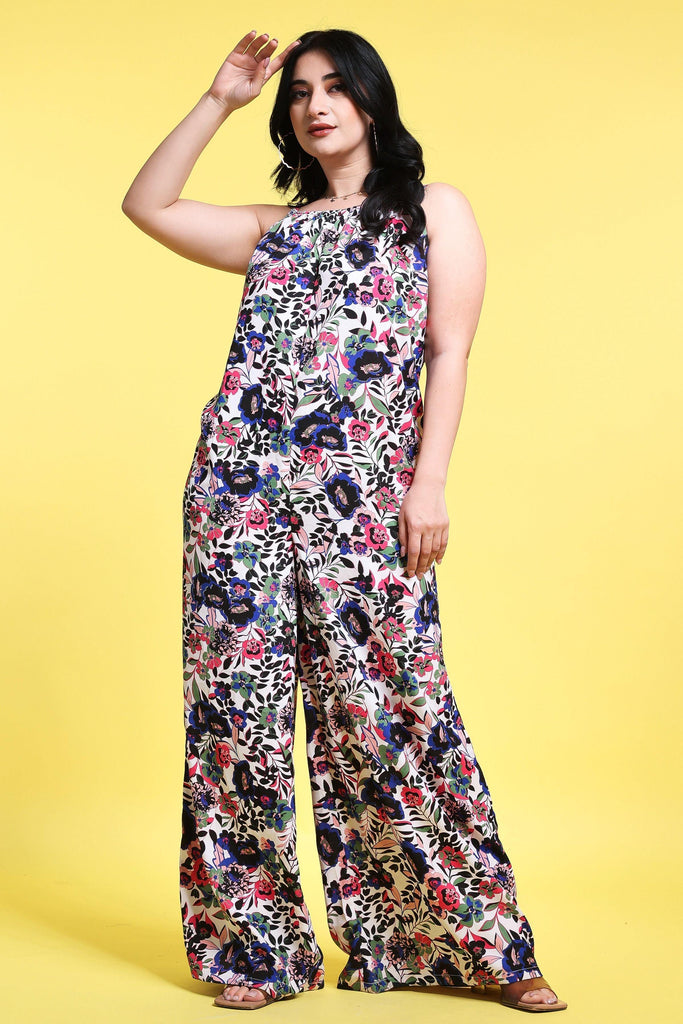 Model wearing Poly Crepe Jumpsuit with Pattern type: Floral-1