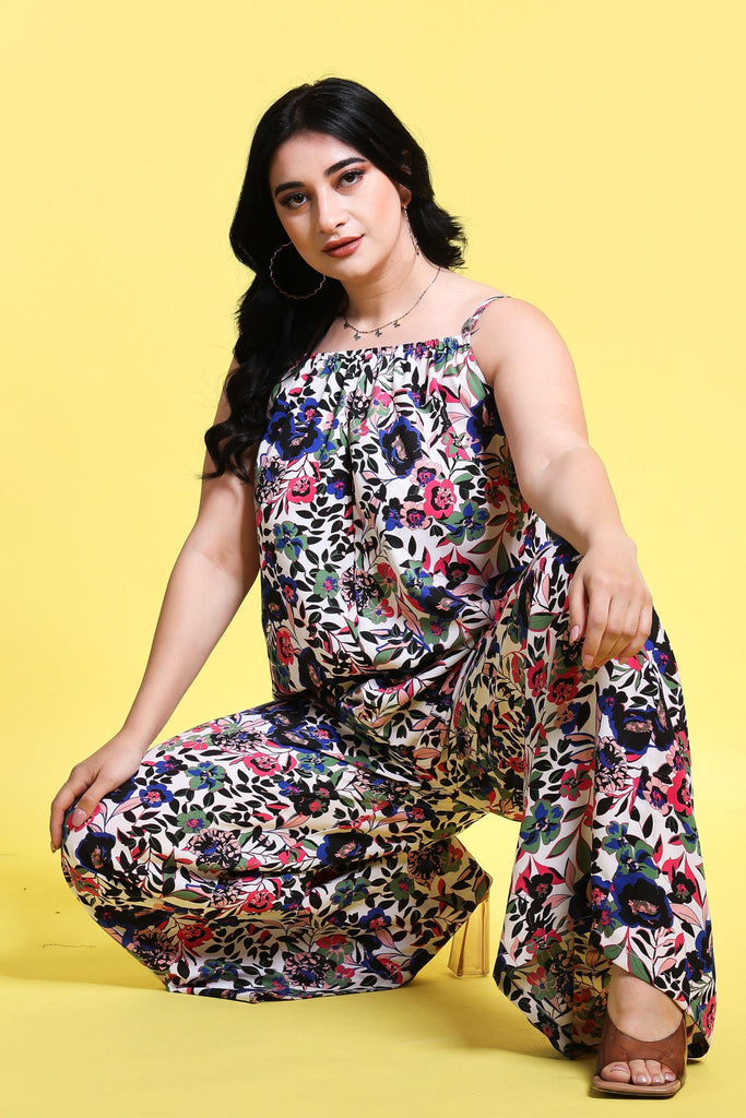 Model wearing Poly Crepe Jumpsuit with Pattern type: Floral-6