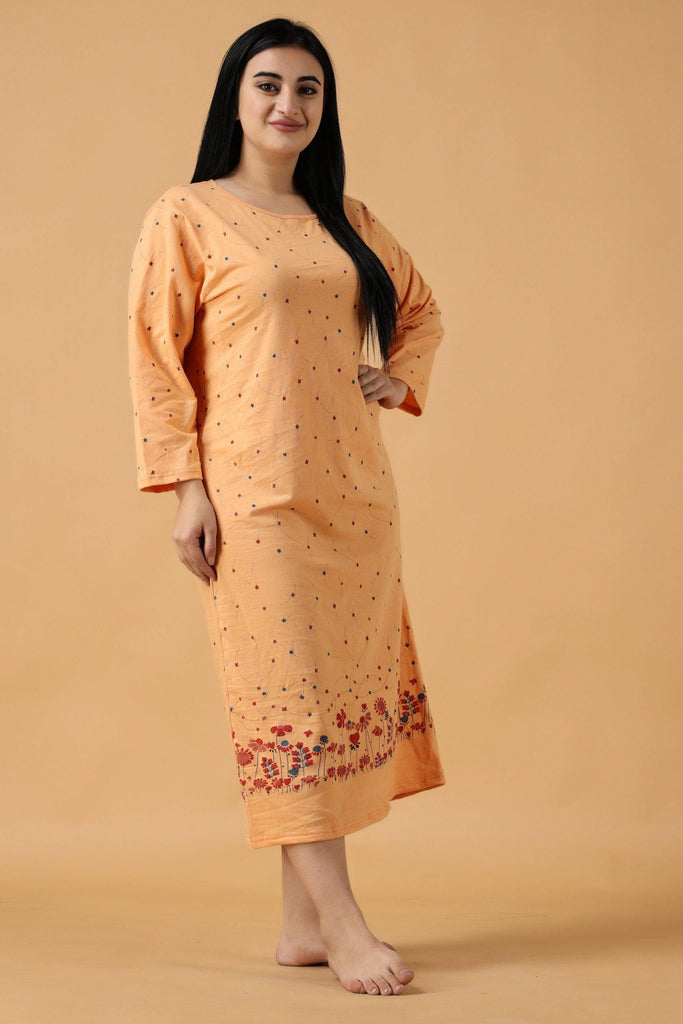 Model wearing Cotton Midi Night Dress with Pattern type: Floral -12