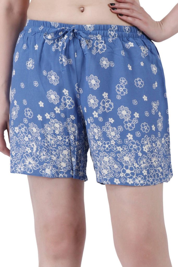 Model wearing Rayon Shorts with Pattern type: Floral-3