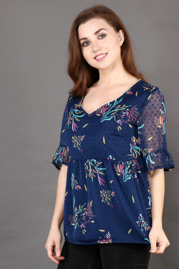 Model wearing Polyster Chiffon Top with Pattern type: Floral-13