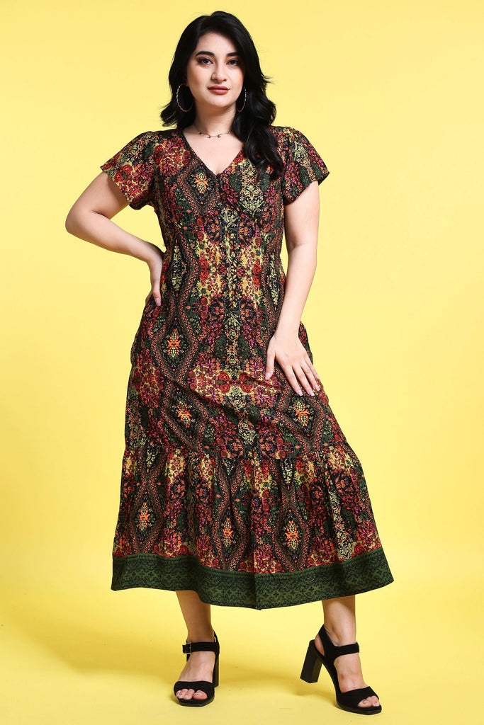 Model wearing Rayon Maxi Dress with Pattern type: Abstract-1