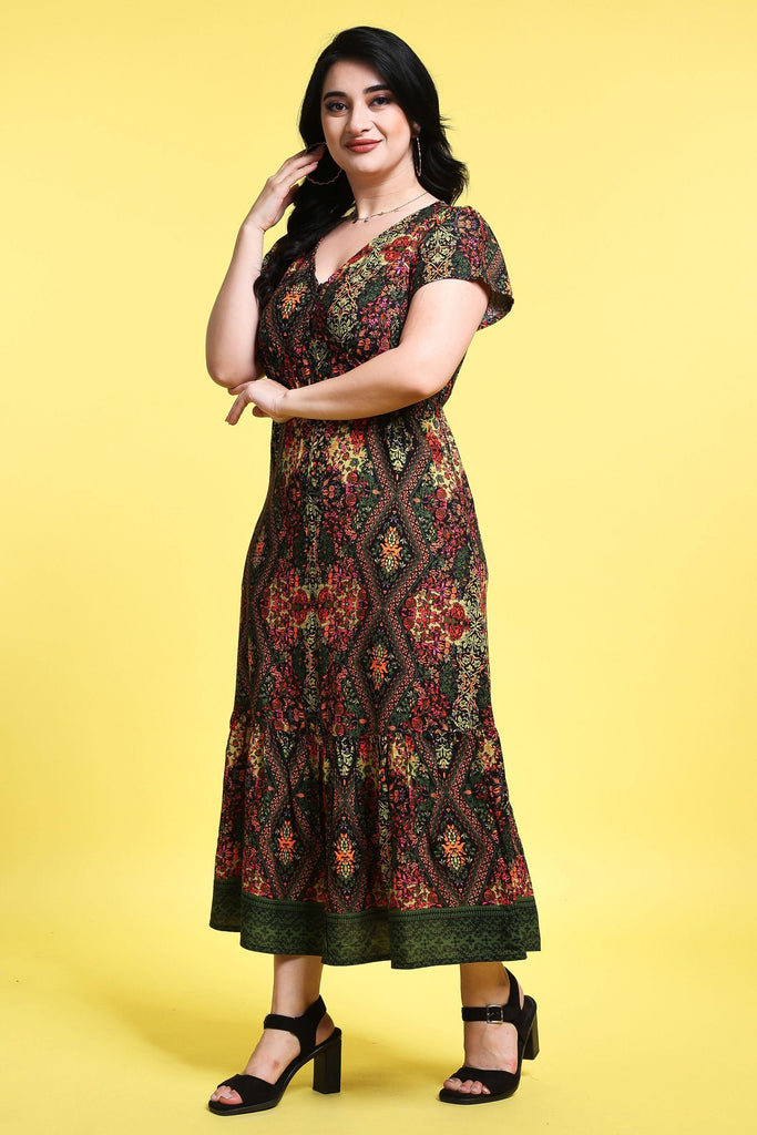 Model wearing Rayon Maxi Dress with Pattern type: Abstract-3