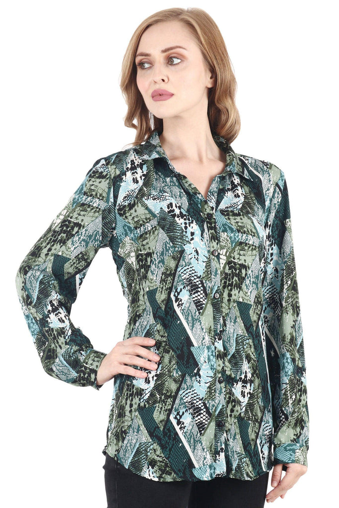Model wearing Polyster Georgette Shirt with Pattern type: Abstract-2