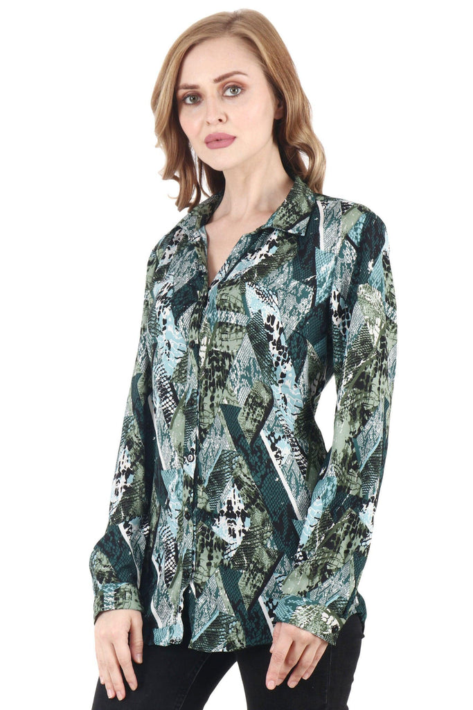 Model wearing Polyster Georgette Shirt with Pattern type: Abstract-3