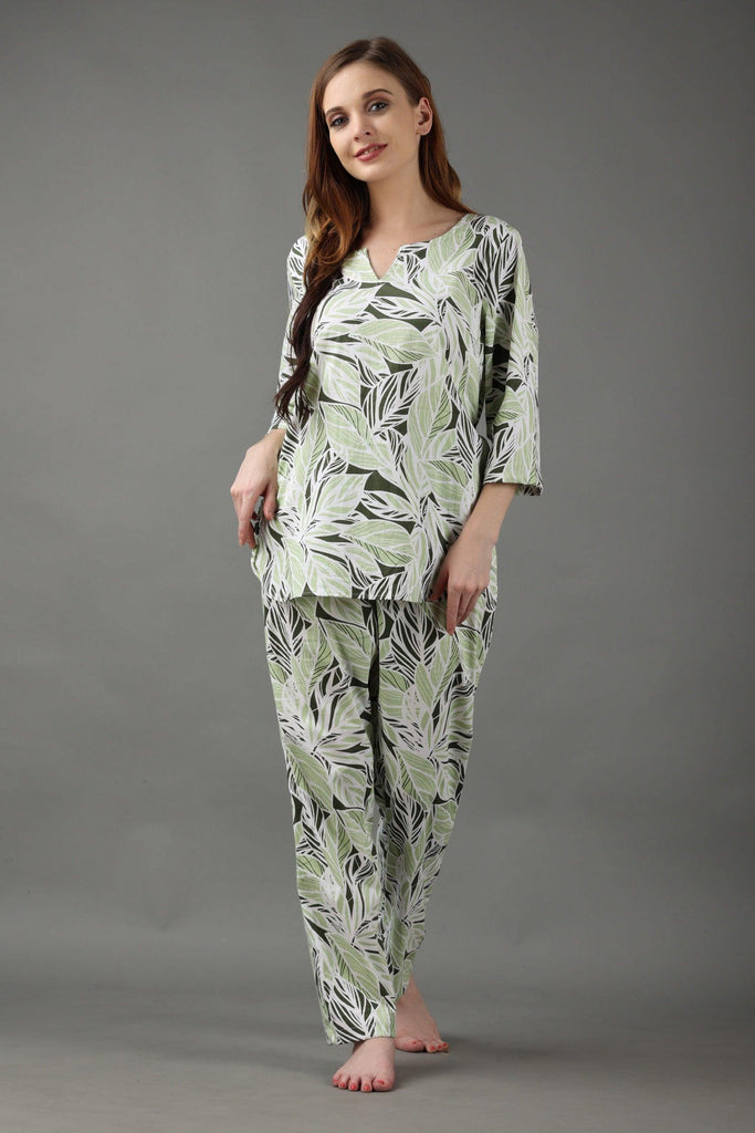 Model wearing Cotton Night Suit Set with Pattern type: Leaf-1
