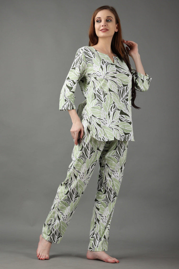 Model wearing Cotton Night Suit Set with Pattern type: Leaf-3