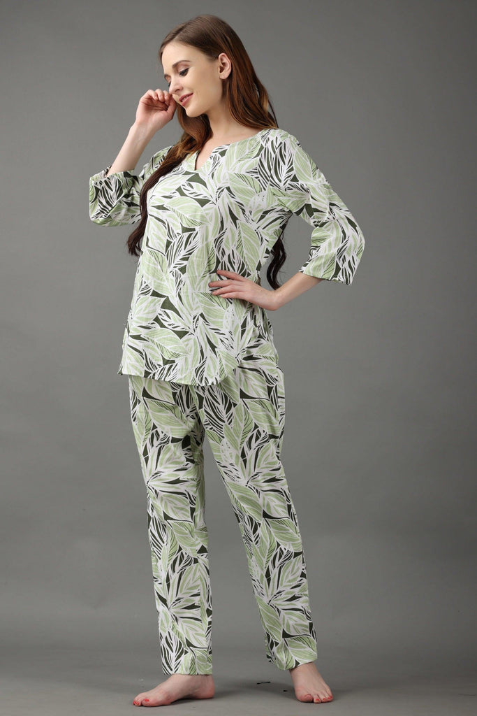 Model wearing Cotton Night Suit Set with Pattern type: Leaf-4
