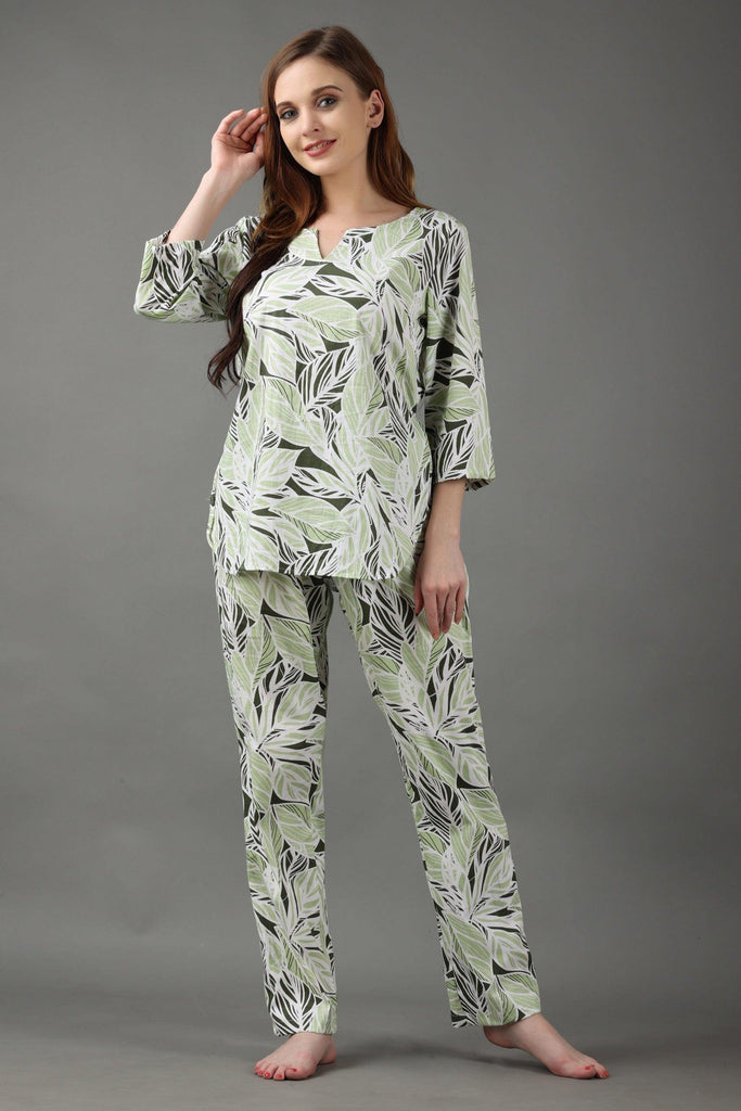Model wearing Cotton Night Suit Set with Pattern type: Leaf-5