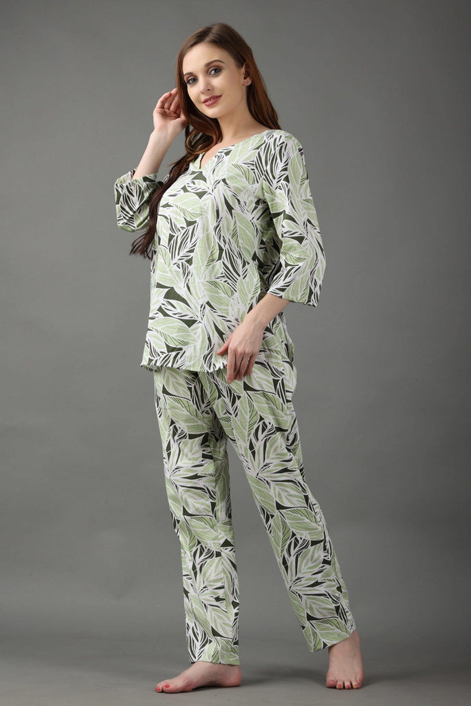 Model wearing Cotton Night Suit Set with Pattern type: Leaf-6